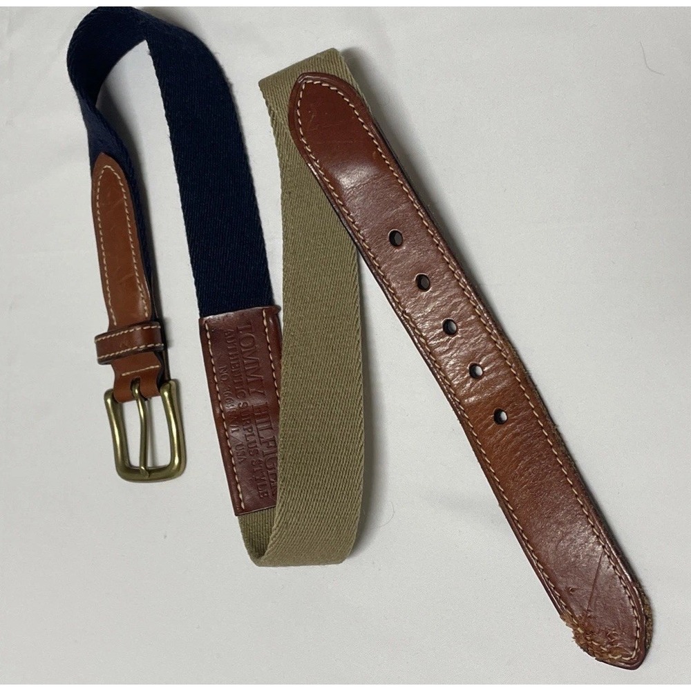 Tommy Hilfiger Mens Leather Canvas 2-Tone Belt Blue Beige USA Vintage Men's 32